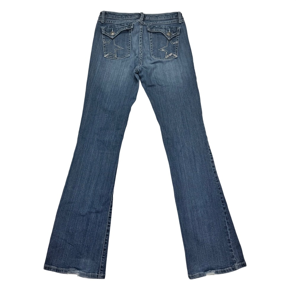 Wrangler Rock 47 Womens Low Rise Flare Jeans Blue Star Back Pocket Rhinestone